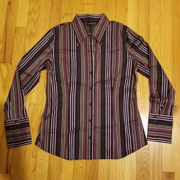 New York & Company Tops - New York & Co. Stretch L/S V-Neck Button Up Striped Shirt Purple Womens Sz Large